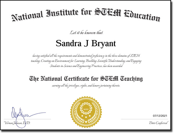 STEM teacher bryant national certificate